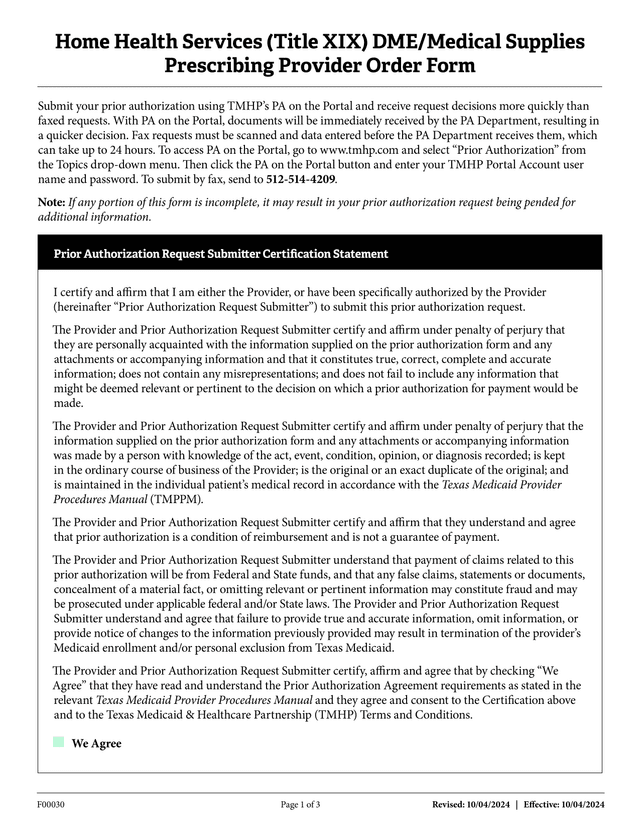 Home Health Services (Title XIX) DMEMedical Supplies Prescribing Provider Order Form screenshot