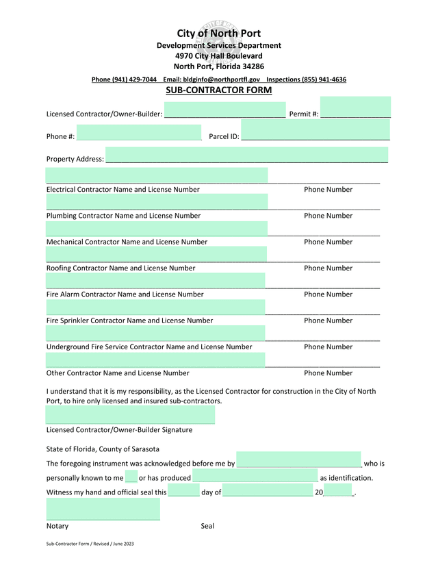 Sub Contractor Form screenshot