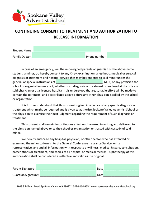 Continuing Consent To Treatment And Authorization To Release Information screenshot