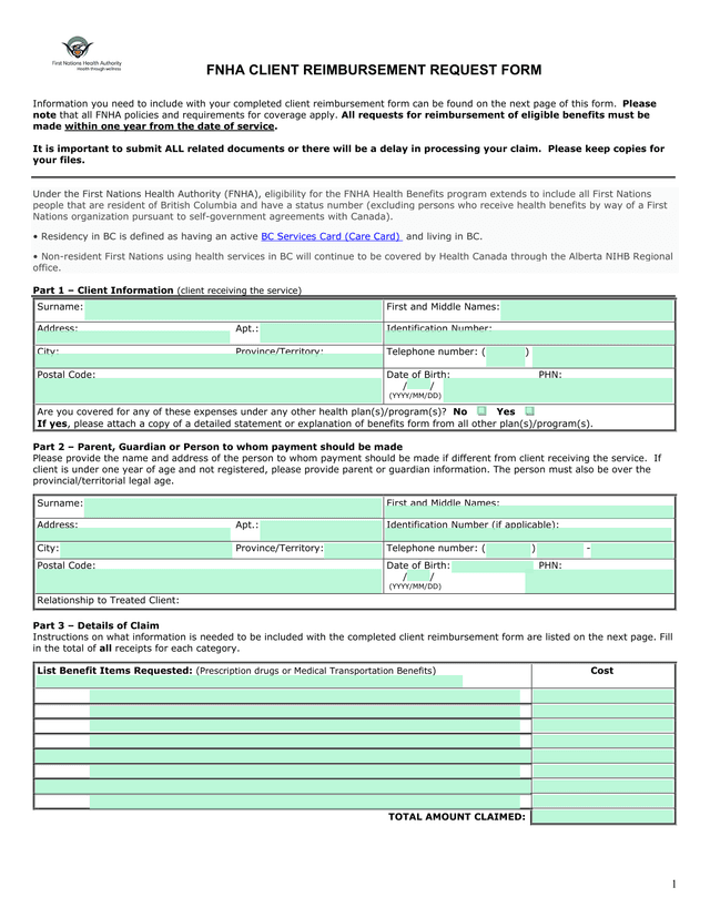 FNHA Client Reimbursement Request Form screenshot