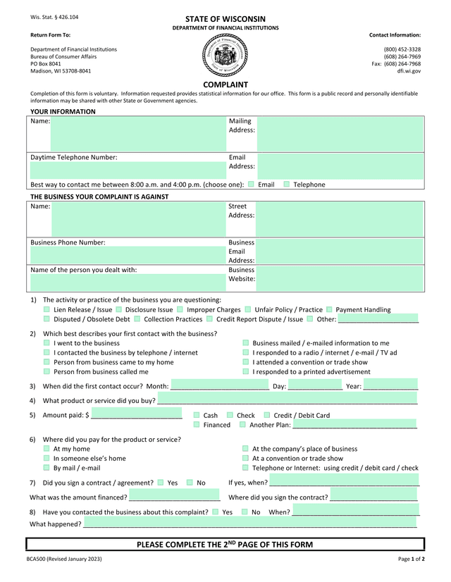 Wisconsin Department Of Financial Institutions Complaint Form screenshot