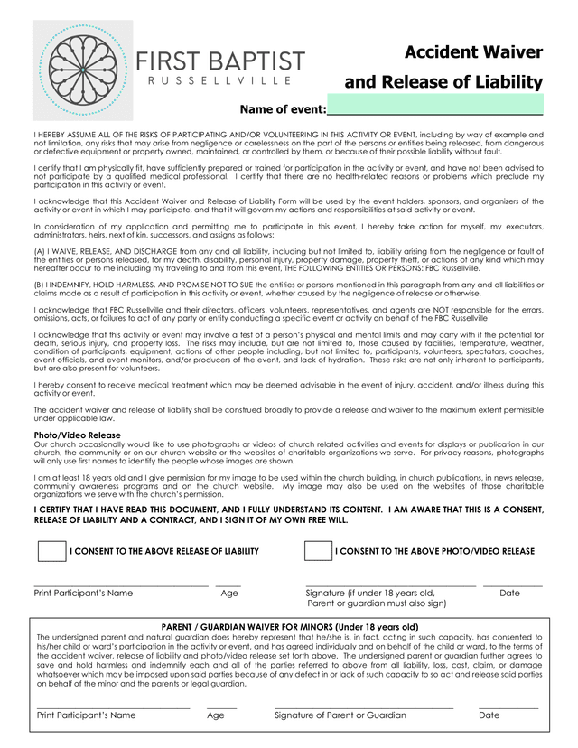 Accident Waiver And Release Of Liability Form screenshot
