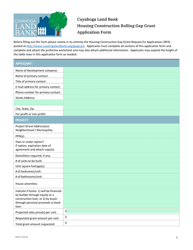 Housing Construction Rolling Gap Grant Application Form screenshot