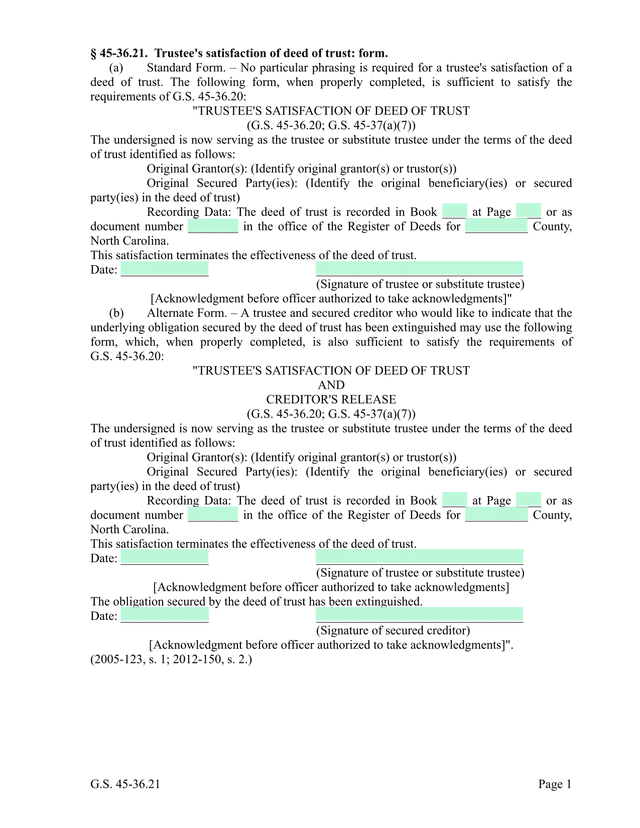 G.S. 45 36.21 TrusteeS Satisfaction Of Deed Of Trust Form screenshot