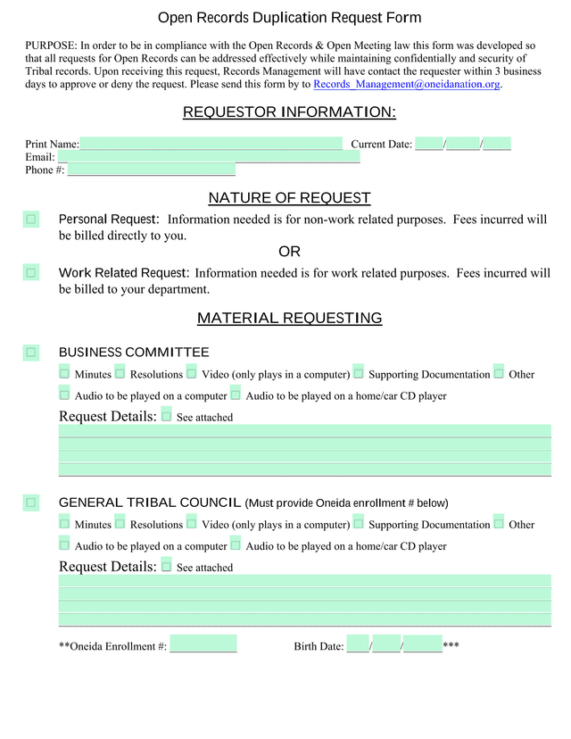 Open Records Duplication Request Form screenshot