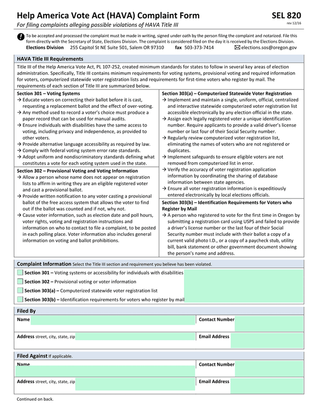 Help America Vote Act (HAVA) Complaint Form screenshot