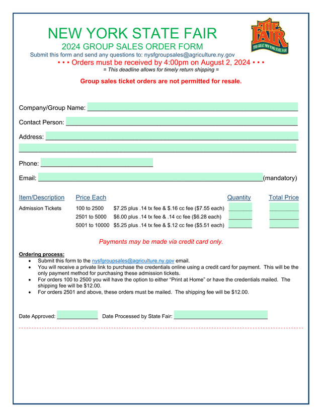 NEW YORK STATE FAIR 2024 GROUP SALES ORDER FORM screenshot