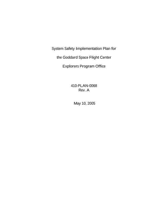 System Safety Implementation Plan For The Goddard Space Flight Center Explorers Program Office screenshot