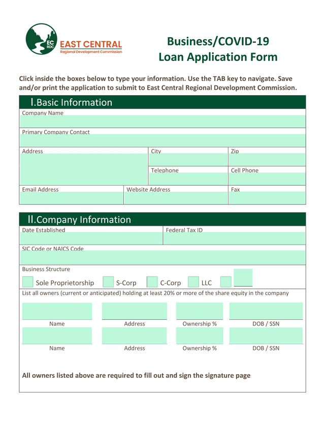 BusinessCOVID 19 Loan Application Form screenshot