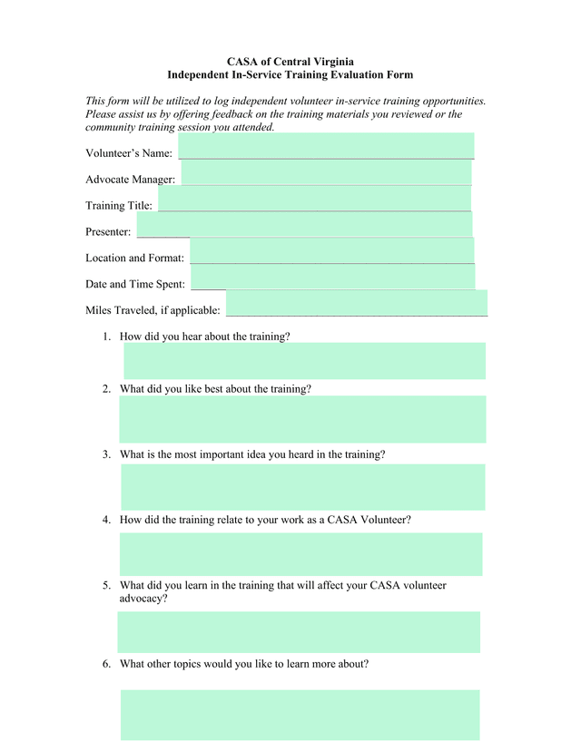 CASA Of Central Virginia Independent In Service Training Evaluation Form screenshot