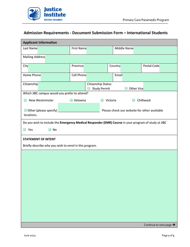 Primary Care Paramedic Program Admission Requirements   Document Submission Form (International Stud screenshot