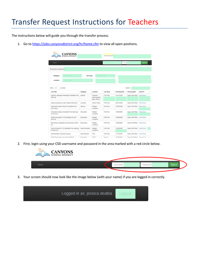 Transfer Request Instructions For Teachers screenshot