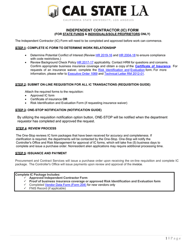 Independent Contractor (IC) Form screenshot