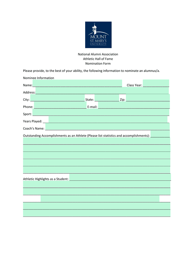 National Alumni Association Athletic Hall Of Fame Nomination Form screenshot