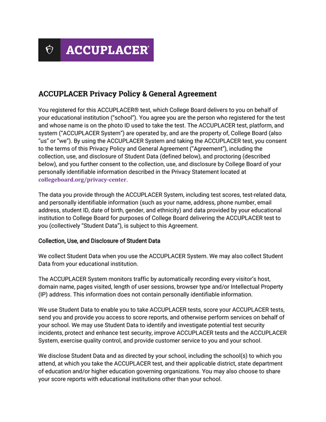 ACCUPLACER Privacy Policy  General Agreement screenshot