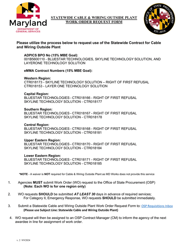 STATEWIDE CABLE  WIRING OUTSIDE PLANT WORK ORDER REQUEST FORM screenshot