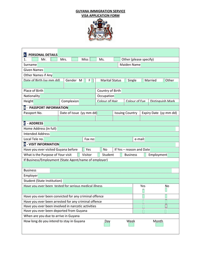 Guyana Immigration Service Visa Application Form screenshot