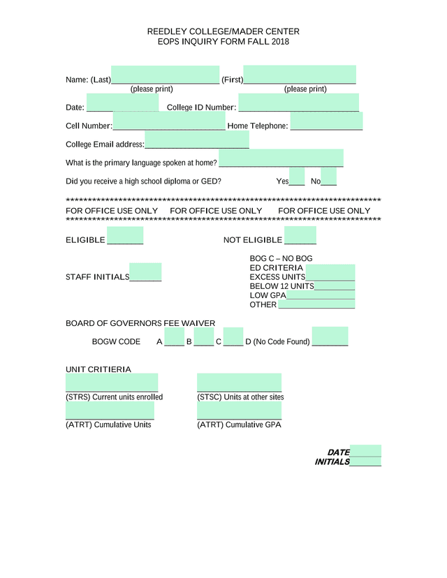 EOPS Inquiry Form Fall 2018 screenshot