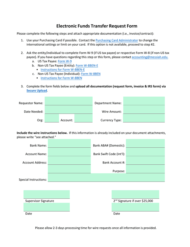 Electronic Funds Transfer Request Form screenshot