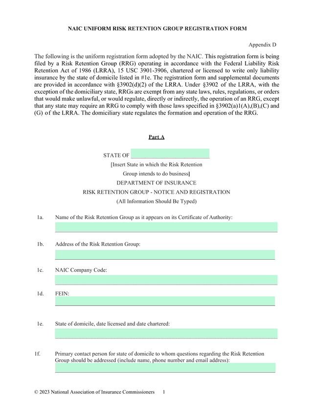 NAIC Uniform Risk Retention Group Registration Form screenshot