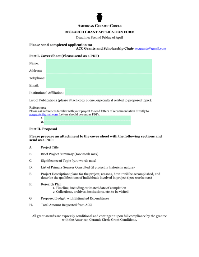AMERICAN CERAMIC CIRCLE RESEARCH GRANT APPLICATION FORM screenshot
