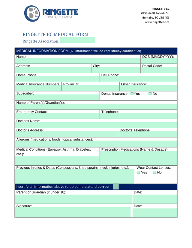 RINGETTE BC MEDICAL FORM screenshot