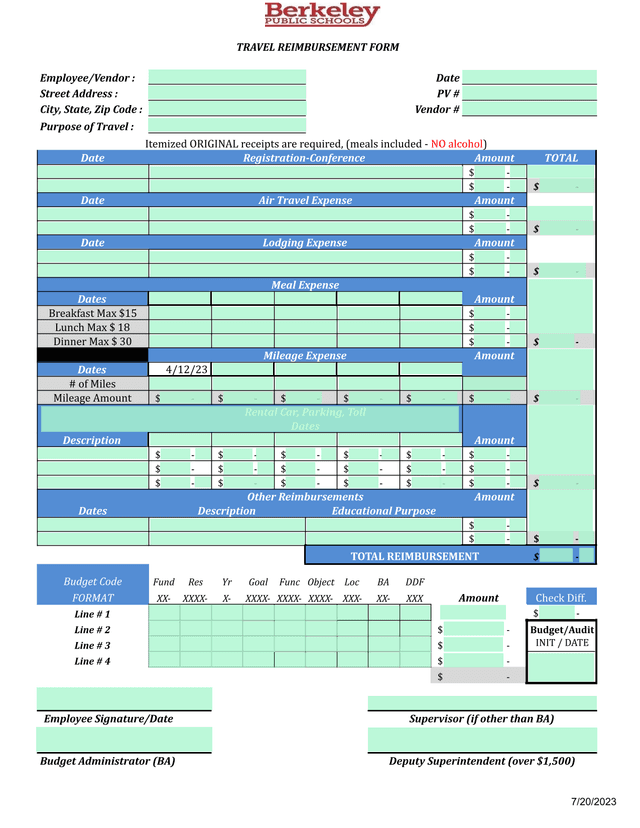TRAVEL REIMBURSEMENT FORM screenshot