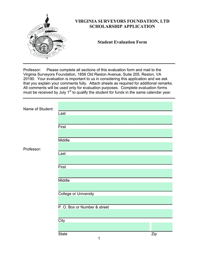 VIRGINIA SURVEYORS FOUNDATION, LTD SCHOLARSHIP APPLICATION screenshot