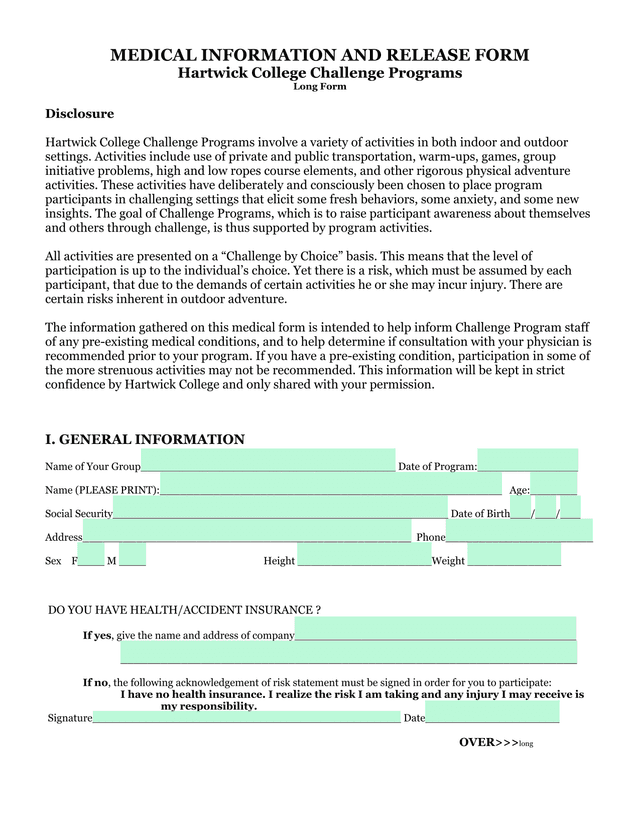 MEDICAL INFORMATION AND RELEASE FORM screenshot