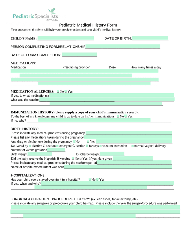 Pediatric Medical History Form screenshot