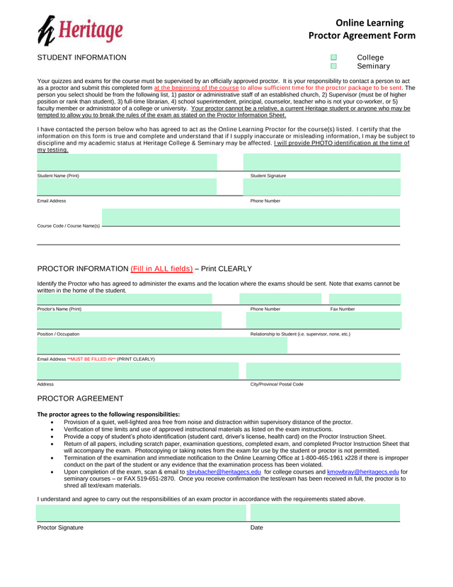 Online Learning Proctor Agreement Form screenshot