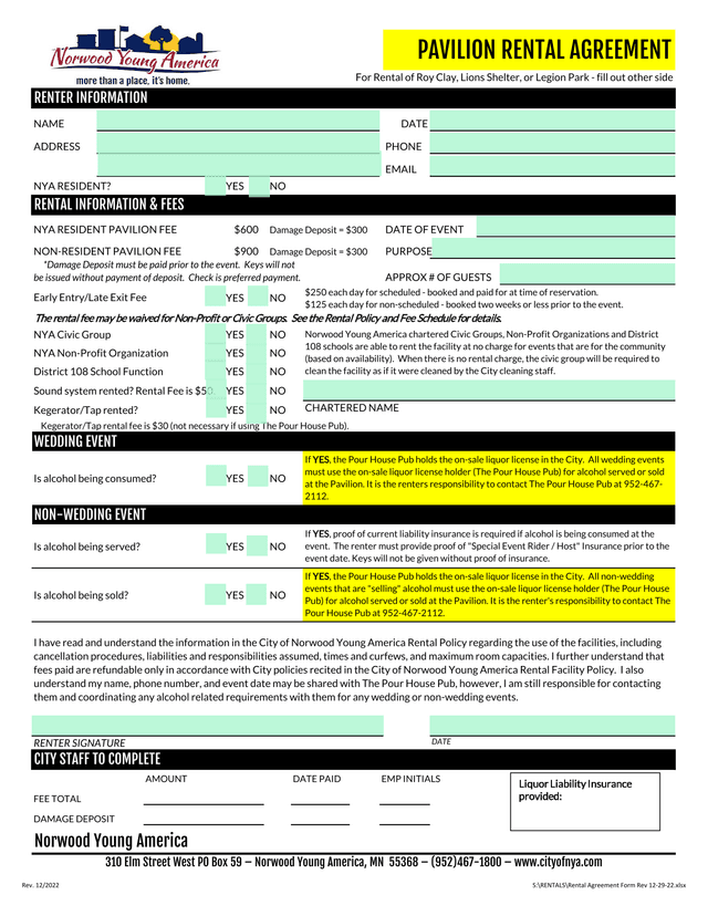 Pavilion Rental Agreement screenshot