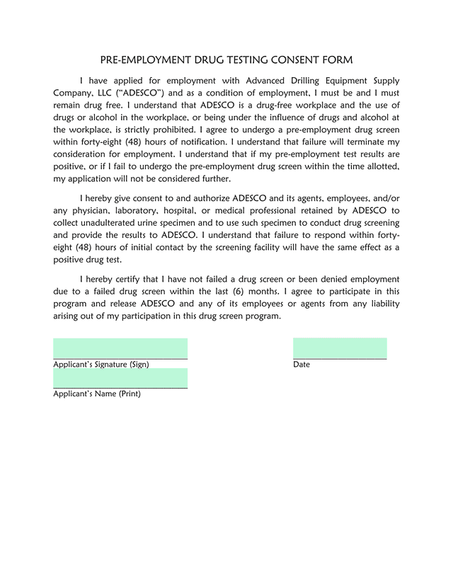 PRE EMPLOYMENT DRUG TESTING CONSENT FORM screenshot