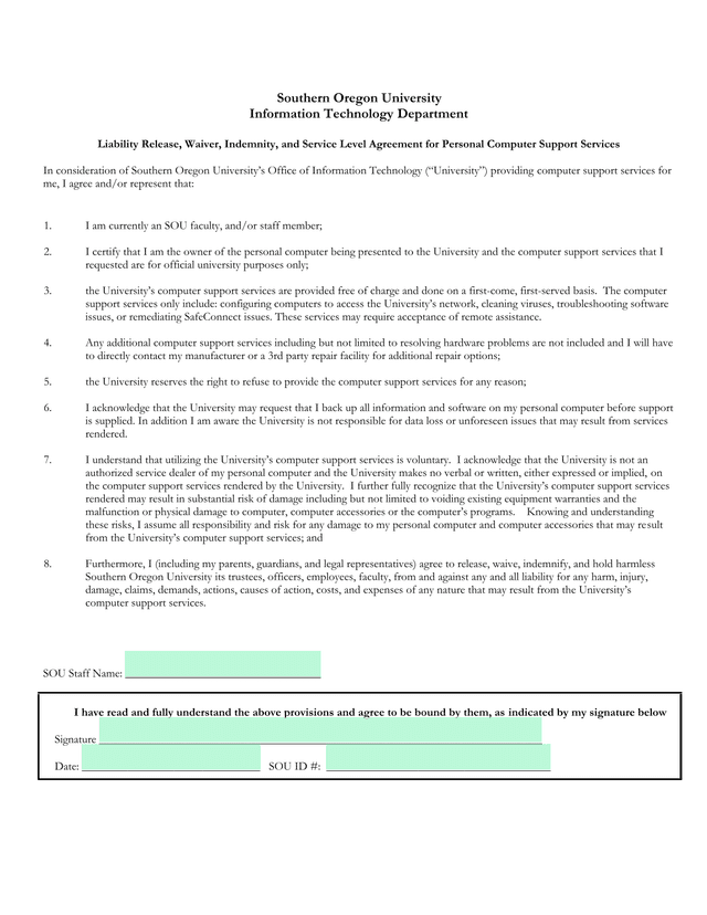Liability Release, Waiver, Indemnity, And Service Level Agreement For Personal Computer Support Serv screenshot