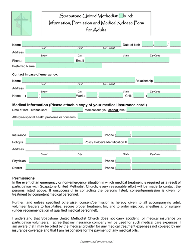 Soapstone United Methodist Church Information, Permission And Medical Release Form For Adults screenshot