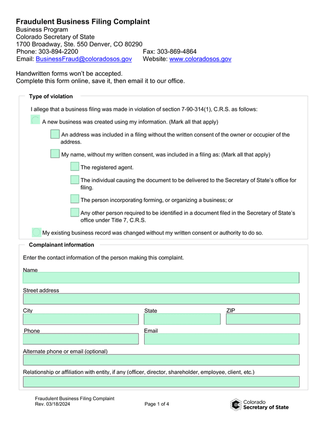 Fraudulent Business Filing Complaint screenshot