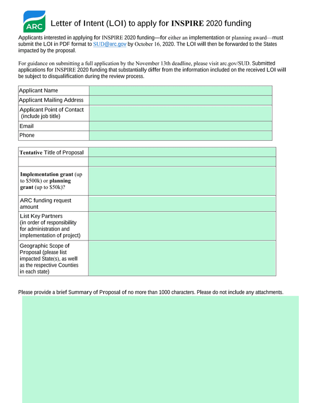 Letter Of Intent (LOI) For INSPIRE 2020 Funding screenshot