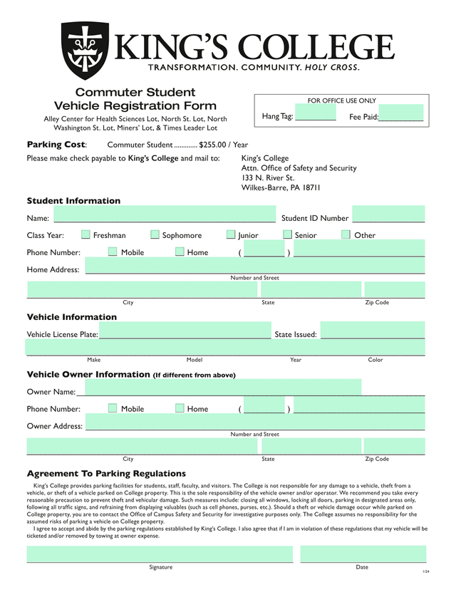 Commuter Student Vehicle Registration Form screenshot