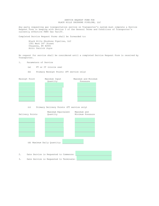 Service Request Form For Black Hills Shoshone Pipeline, LLC screenshot