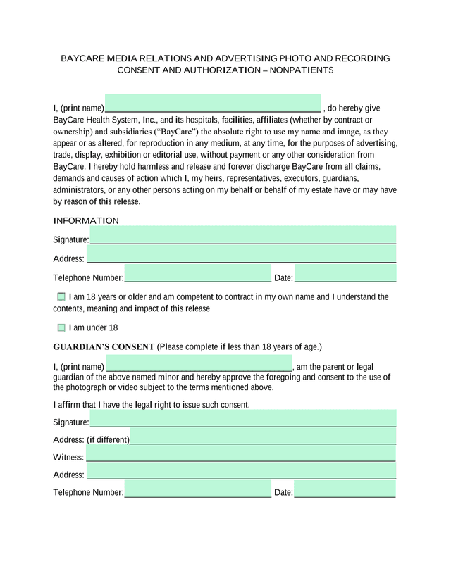 BayCare Media Relations And Advertising Photo And Recording Consent And Authorization  Nonpatients screenshot