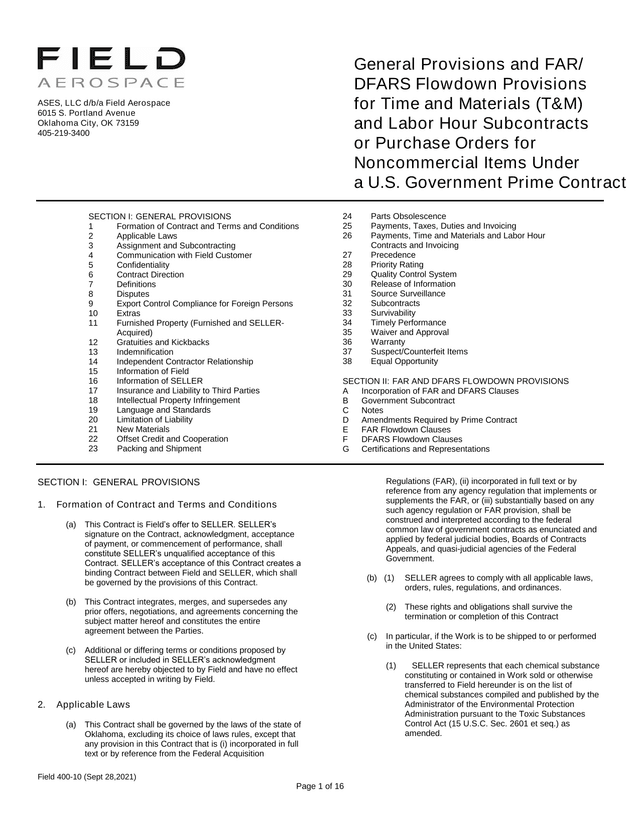 General Provisions And FARDFARS Flowdown Provisions For Time And Materials (TM) And Labor Hour Subco screenshot