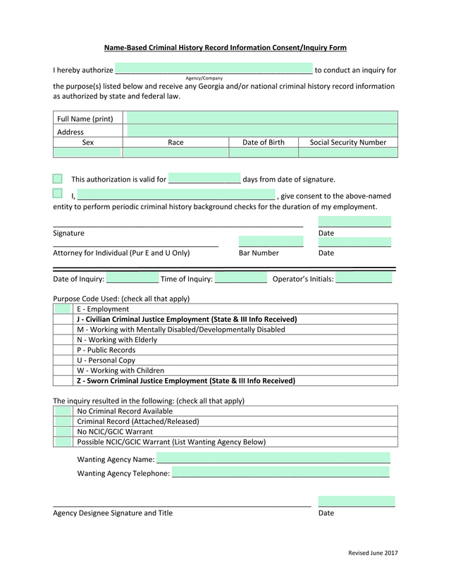 Name Based Criminal History Record Information ConsentInquiry Form screenshot