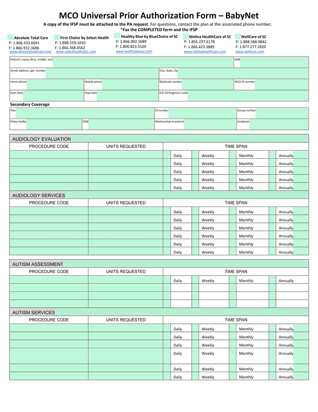 MCO Universal Prior Authorization Form  BabyNet screenshot