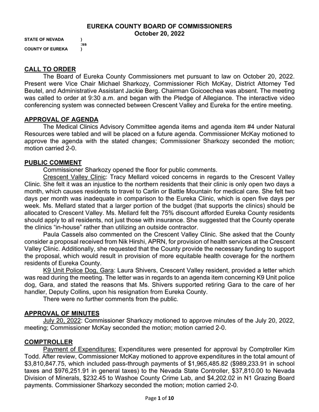 Eureka County Board Of Commissioners Meeting Minutes screenshot