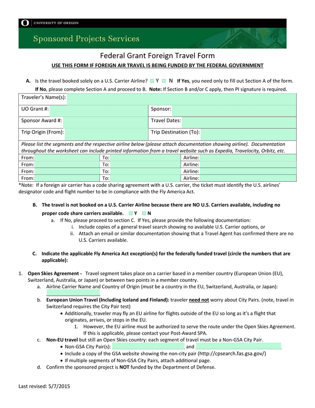 Federal Grant Foreign Travel Form screenshot