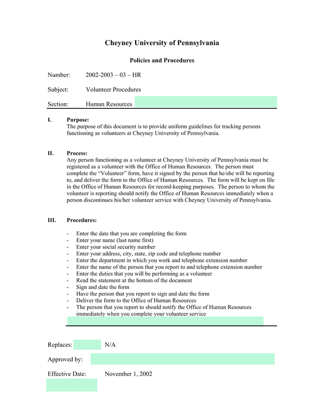 Volunteer Procedures screenshot