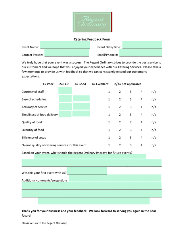 Catering Feedback Form screenshot