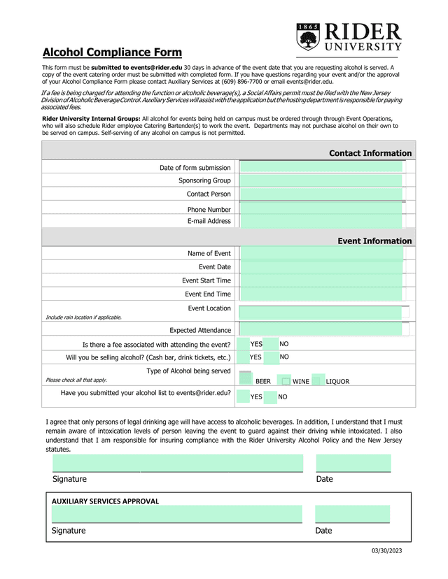 Alcohol Compliance Form screenshot