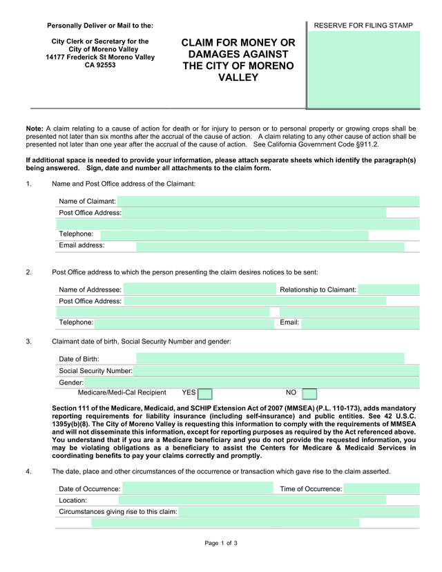 Claim For Money Or Damages Against The City Of Moreno Valley screenshot