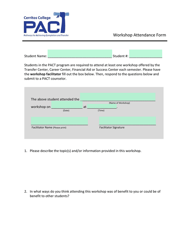 Workshop Attendance Form screenshot